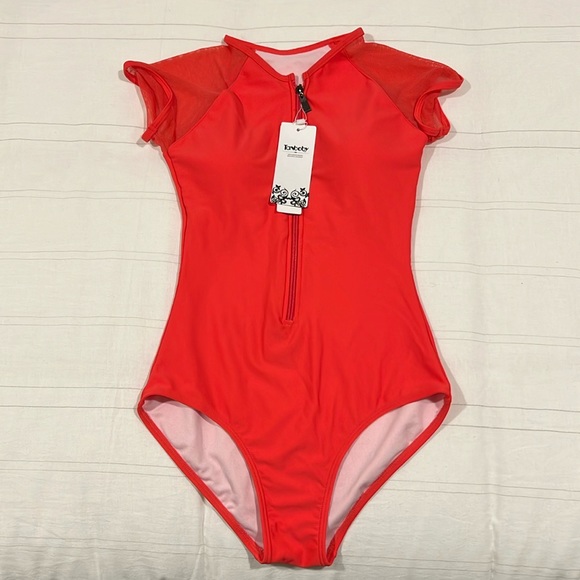 Tanbody Other - Coral/Pink Swimsuit One Piece Mesh Cap Sleeves Front Zipper Built In Bra